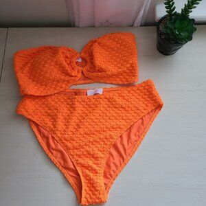 Pink Lily Orange Textured Bikini Set Size M Retro High Waist Swimsuit NWT